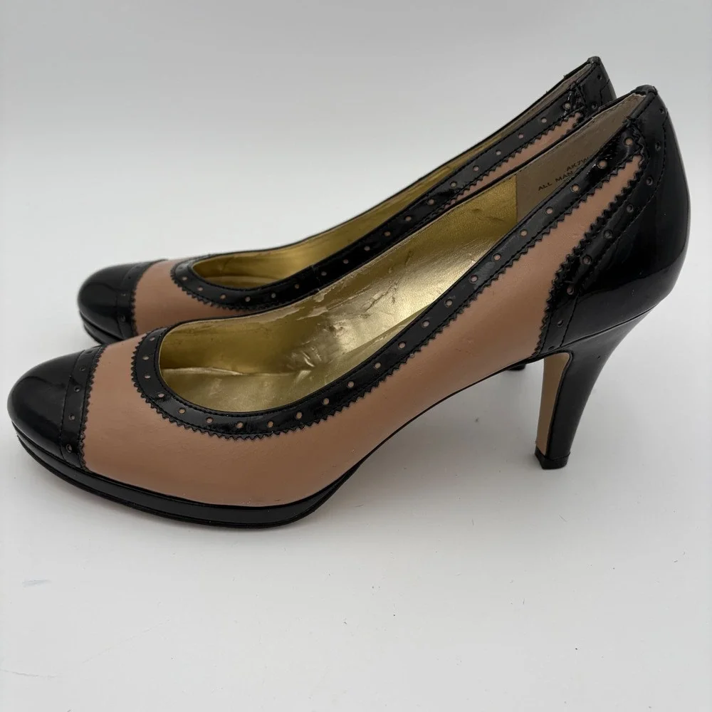 AK Anne Klein Women‎ Tan Black Cap Toe Brogue Heel Pumps Shoes Size 9.5M